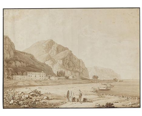 Christoph Heinrich Kniep     1755 Hildesheim - 1825 Neapel Sizilianische Küste bei Taormina. 1787. Federzeichnung, laviert.  