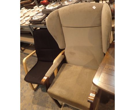 High seat fireside chair with winged back in light brown fabric and a further chair