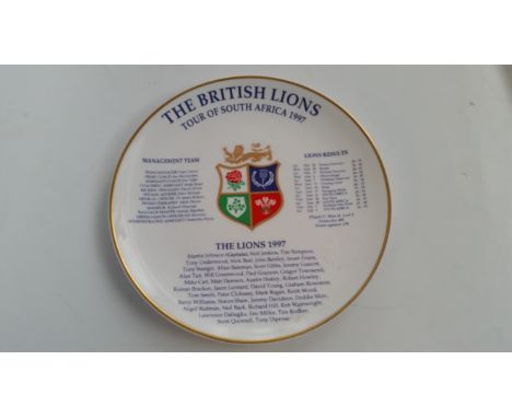 RUGBY, ceramic plate, The British Lions Tour of South Africa 1997, showing crest, team names and results, by Turn-a-Round Cer