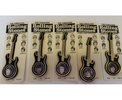 POP MUSIC, plastic guitar brooches, The Rolling Stones, set of five (all portraits), colour, by Invicta Plastics, each on car