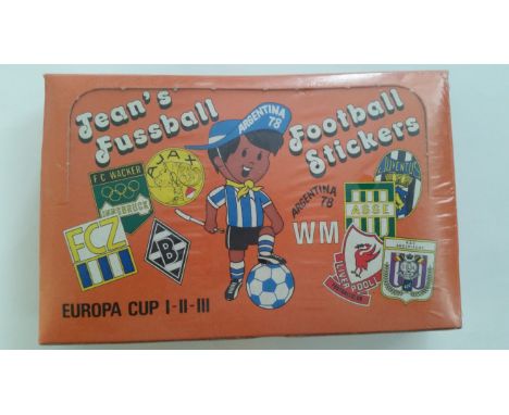 FOOTBALL, point of sale counter box, Jean's Fussball Football Stickers, 100 stickers in unopened (sealed), inc. Europa Cup I,