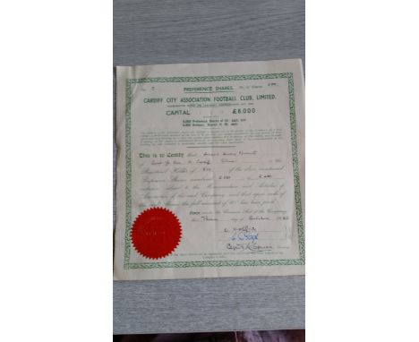FOOTBALL Cardiff City, share certificate, dated 3rd Oct 1940, No. 7 belonging to H.H. Marriott who was Chairman 1939-1957, fo