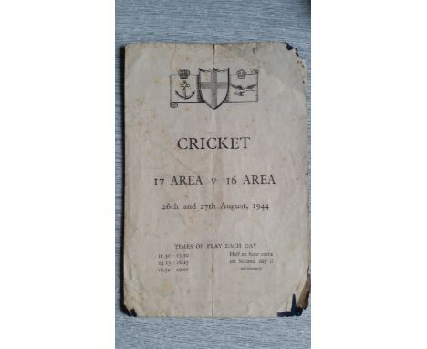 CRICKET, programme for match played in Egypt, 26th &amp; 27th Aug 1944, 17 Area v 16 Area, players inc. Tindall, Pothecary, N