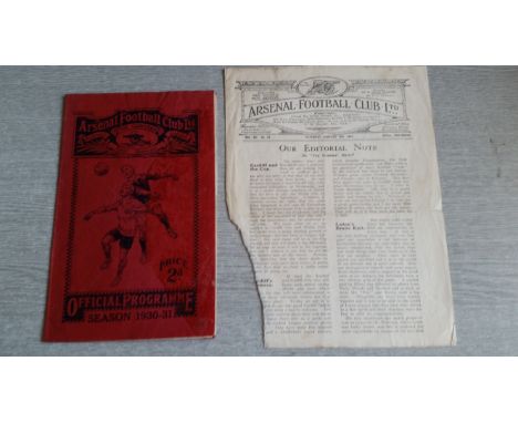 FOOTBALL, Arsenal home programmes, v Cardiff City, 19th January 1924 (half of page cover &amp; part of front cover missing); 