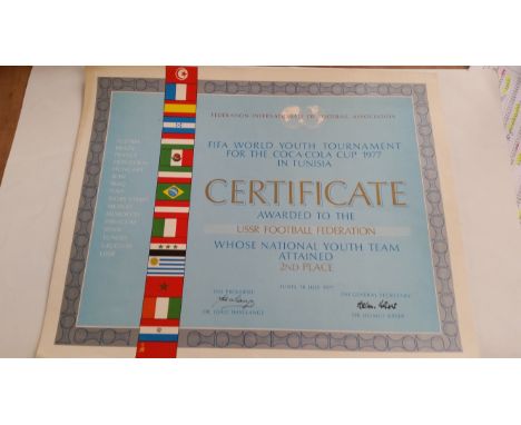 FOOTBALL, certificate for FIFA World Youth Tournament for the Coca-Cola Cup 1977 in Tunisia, awarded to USSR Football Federat