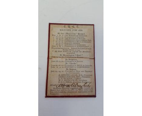 CRICKET, Members Ticket booklet, Cambridge University 1888, VG