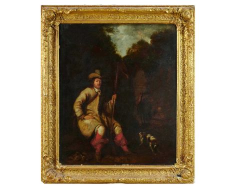 English School, 18th century, oil on panel, Sportsman with Spaniel, 61cm x 51cm, in ornate 19th century gilt frame