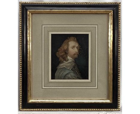 17th century style, watercolour portrait of a Cavalier, 17 x 14cm glazed frame