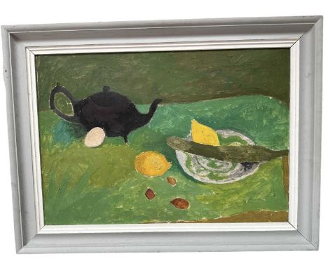 Adrian Campbell (1924-2019) oil on canvas laid on board - "Still life with old teapot", signed and titled verso, 38cm x 55cm,