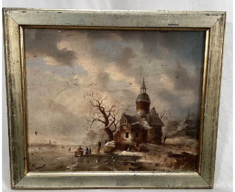 Dutch School late 19th century, A winter scene with figures skating on a frozen canal, oil on panel, in gilt frame. 20 x 25cm