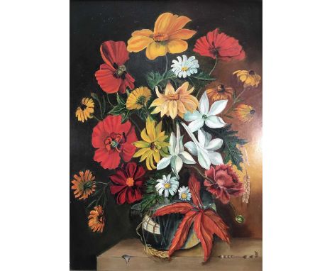 Contempory oil on board, Still life of flowers, indistinctly signed in frame 50 x 36.5cm