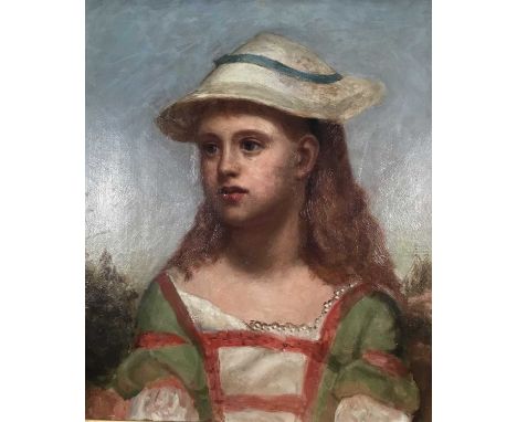 19th century oil on canvas - Portrait of a young woman in bonnet, in gilt frame 35 x 29cm