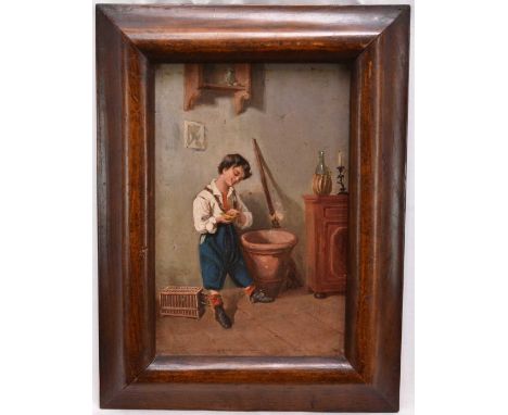 Italian School 19th century, oil on panel, interior scene with a young lad holding a budgerigar in his hand, 30cm x 20cm, fra