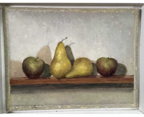 Patricia Price, late 20th century, oil on board - 'Fruit on a Shelf', signed and dated '92, label verso, 20cm x 26cm, in pain