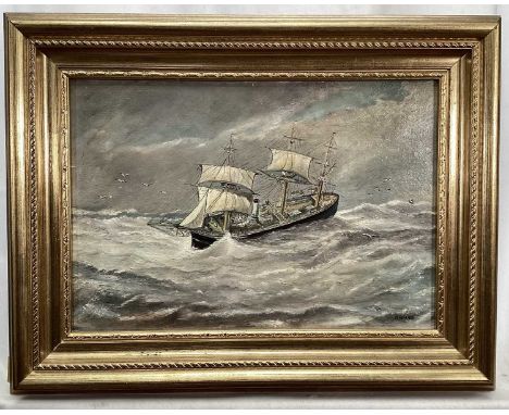 H.Ward, oil on panel , steam and sail ship in swell, signed 22x32cm in gilt frame