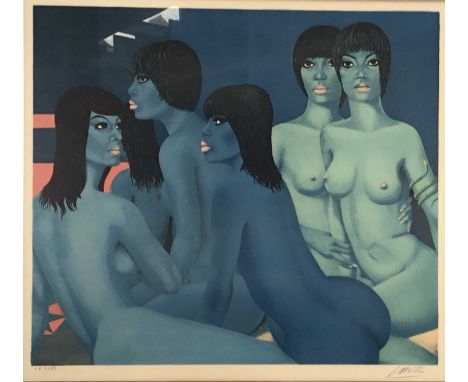 Felix Labisse (French, 1905-82), pencil signed print of nude women in blue (21/50), 52 x 59cm framed and glazed
