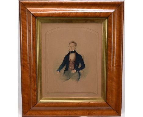 John Watkins, 19th century, watercolour, smartly dressed young gentleman seated in a chair, signed and dated 1841, 22.5 x 20c