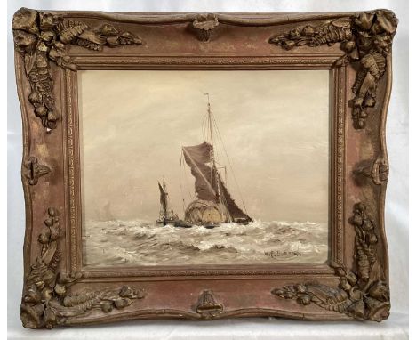 W.F. Burton, oil on panel, Thames Barge entitled 'A grey day', signed and inscribed verso 19 x 24.5cm in gilt frame