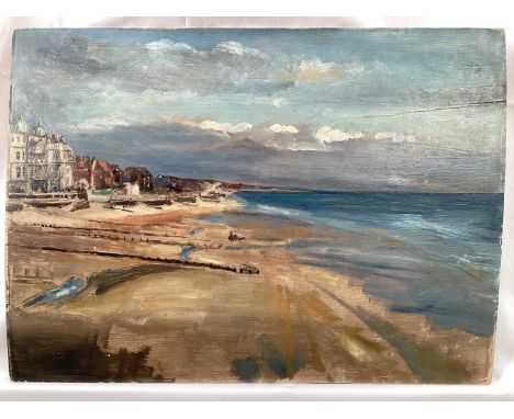 English School, early 20th century, oil on panel - Coastal Town, 26cm x 35cm, unframed