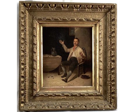 19th century Dutch-style oil on panel - man in an interior with wine, flagon and pipe, faint inscriptions stencils verso, 20c