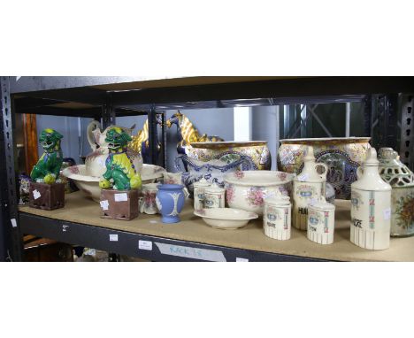 French ceramic condiment set printed with swans, pair of Chinese style fo dogs, Victorian style washing table set, and other 