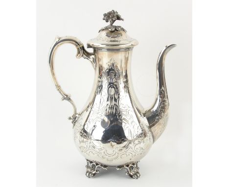 Early Victorian silver coffee pot the pear shaped body with engraved decoration, and cast foliate finial,  by Charles Reily &