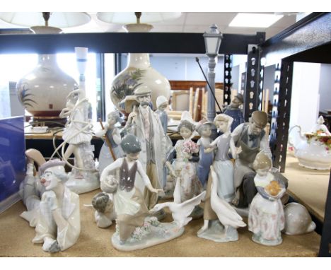 Lladro figures, including ballerina table lamp, Photographer, Street Lamplighter, cobbler, clown, Spanish girls and others. (
