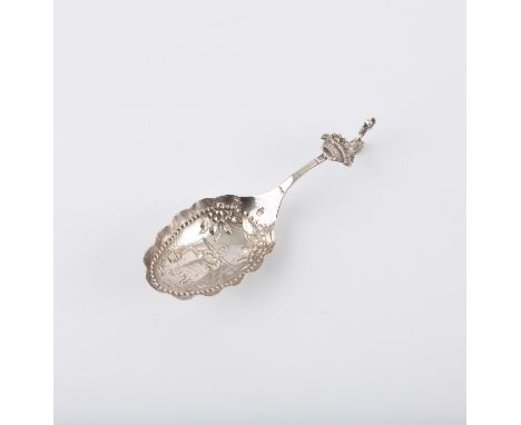 Large Victorian silver caddy or wine spoon with archer finial, import by Solomon Nathan Nyburg, London 1892