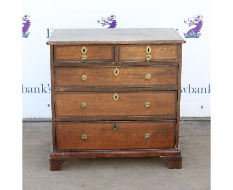 George II oak chest of two short and three long graduated drawers on later bracket feet, H75 W75 D47 cm