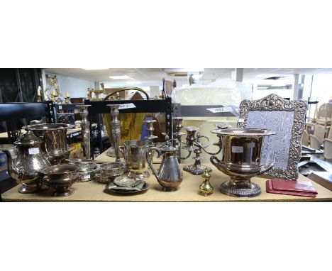 Large selection of silver plated wares, to include a strut photo frame, candlesticks, nine matching goblets, two silver plate