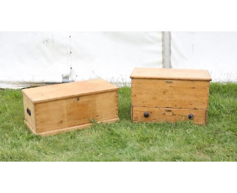 Victorian pine hinge-topped trunk on plinth base together  with similar with bottom drawer