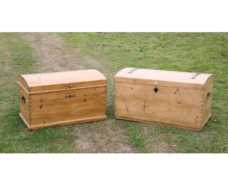 Victorian pine dome top pine trunk together with another similar metal bound trunk (2)