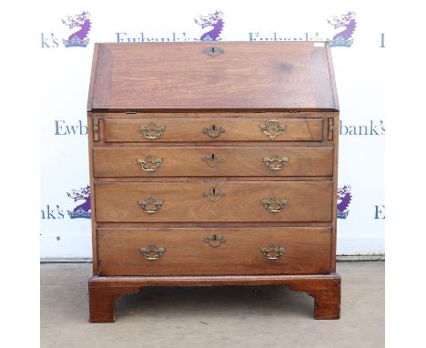 George III mahogany bureau, the sloping fall front enclosing pigeon holes and drawers over four long graduated drawers on bra