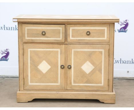 French limed wood and marble inset parquetry sideboard with three frieze drawers over three cupboard doors, on bracket feet, 