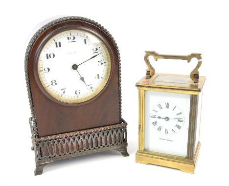 Mappin & Webb brass carriage clock with lever movement, the white enamelled dial with Roman numerals, 15cm high, and a mahoga