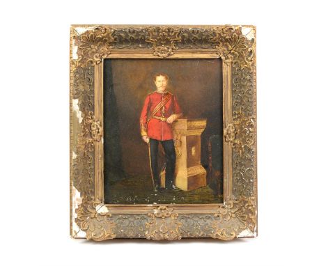 Nineteenth-century British School, full-length portrait of an army officer, oil on panel, framed, image size 31.5 x 26cm. 