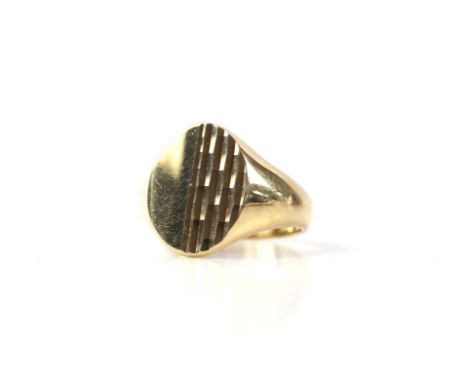 Oval shaped signet ring, in 9 ct yellow gold, ring size NCondition Report:  Weight 5.4 gramsMinimal wear