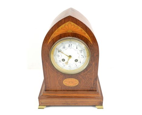 Late 19th / early 20th century French rosewood eight day lancet clock with satinwood and boxwood inlay, drum movement strikin