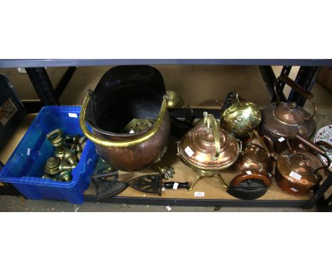 Metalware to include copper kettles, coal scuttle, balance scales and a quantity of weights