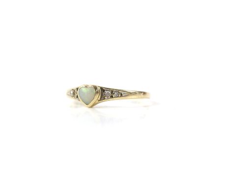 Opal ring, heart shaped opal rubover set in 9 ct yellow gold, with diamond set shoulders, ring size KCondition Report:  Gross