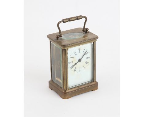 Late 19th century carriage clock with barrel movement, white enamelled dial with Roman numerals, inscribed, 