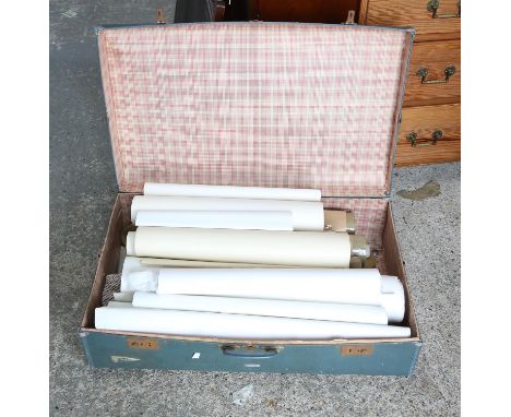 Travel trunk containing various rolled lithographic prints, posters and drawings.