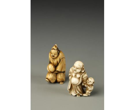 TWO JAPANESE FIGURE NETSUKE, one in ivory showing Hotei with a boy, signed underneath, Meiji period, 3.8cm high; the other in