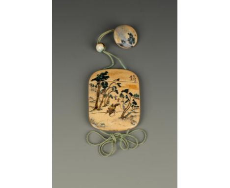 A JAPANESE CERAMIC INRO by Kenya (Miura Totaro, 1825-1889), the inro decorated on each side with landscape scenes and inscrib