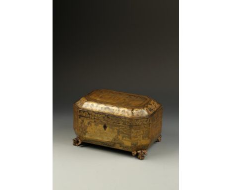 A CHINESE GILT-LACQUER OCTAGONAL TEA CADDY, the cover and sides decorated with figures in pavilions amongst woodland landscap