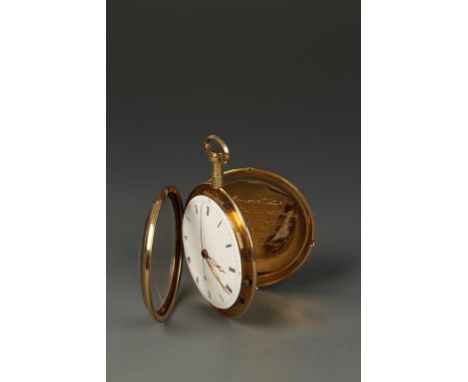 A FINE GOLD OPEN-FACED KEY-WIND POCKET WATCH, probably Swiss, second half of the 18th century, the white enamel dial with inn