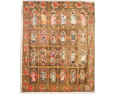 A LARGE CHINESE SILK AND GOLD-THREAD EMBROIDERED PANEL, the centre with twenty four Immortals standing within a scroll border