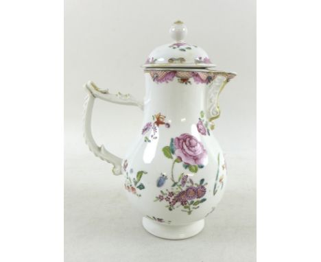 A hard paste porcelain hot water pot, probably Continental early 19th century, of baluster with moulded spout and handle, dec