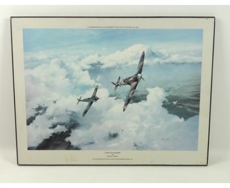 Robert Taylor (British, 20th century): `Duel of Eagles` print, the margin signed by Adolf Galland and Douglas Bader, on backi