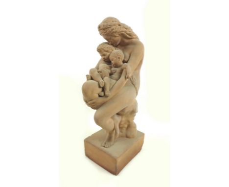 A Danish terracotta sculpture, A. Debay for P. Ipsens, circa 1900, modelled as nude seated on a rocky outcrop cradling her tw
